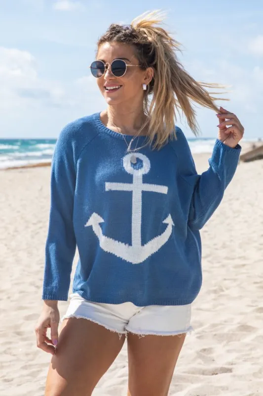 Anchors Aweigh Blue Anchor Sweater FINAL SALE sold by Pink Lily