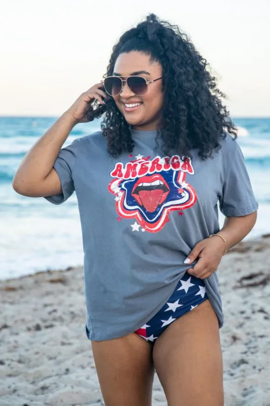 America Tongue Grey Oversized Graphic Tee sold by Pink Lily