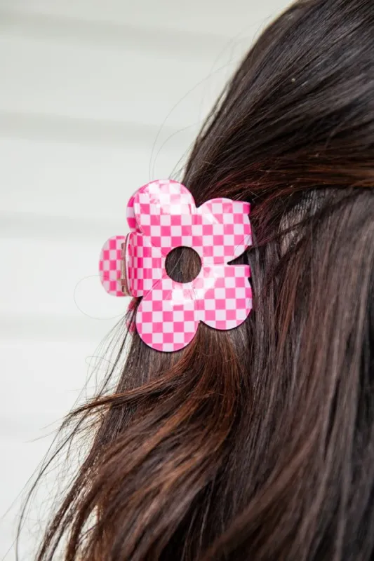Time To Bloom Pink Checkered Flower Hair Clip sold by Pink Lily