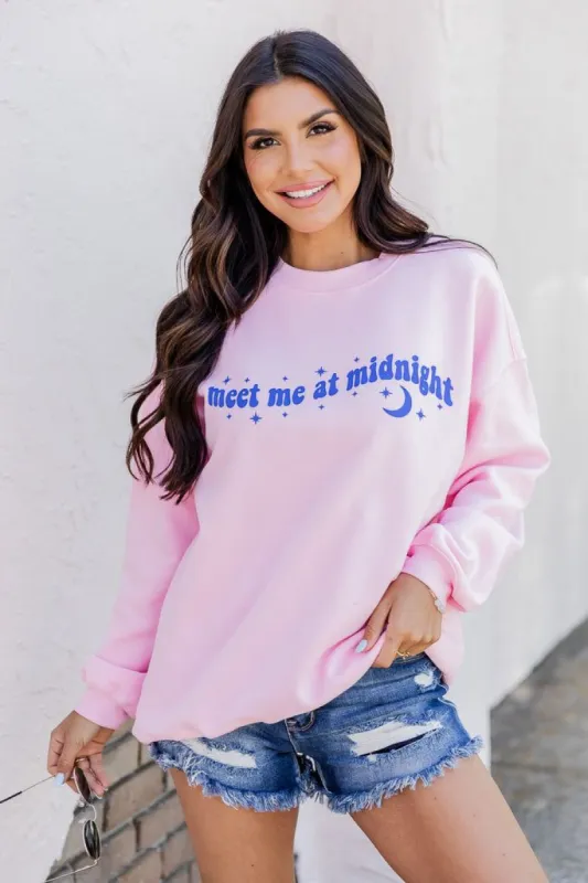 Meet me at Midnight Light Pink Oversized Graphic Sweatshirt sold by Pink Lily