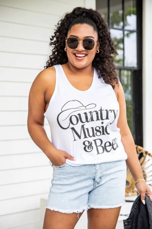 Country Music and Beer White Jersey Graphic Tank FINAL SALE sold by Pink Lily