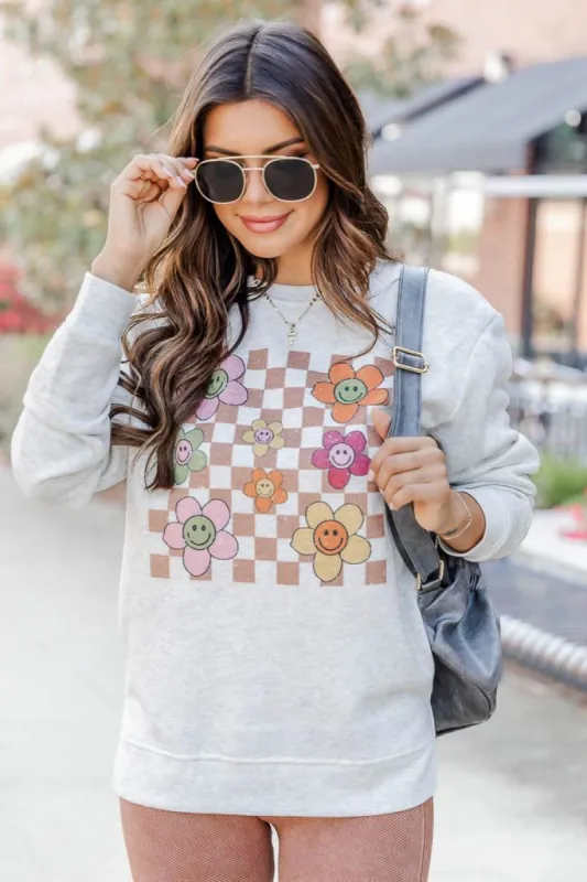 Daisy Checkered Heather Ash Graphic Sweatshirt FINAL SALE sold by Pink Lily