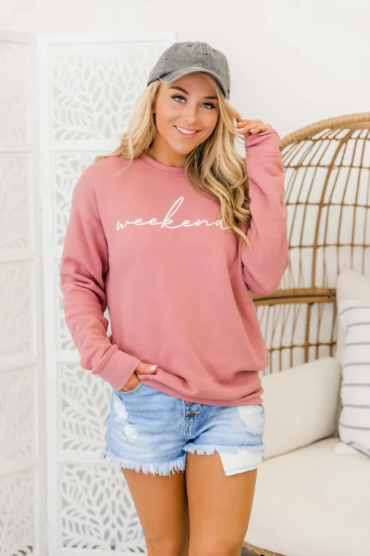 Weekend Script Mauve Graphic Sweatshirt made by Pink Lily
