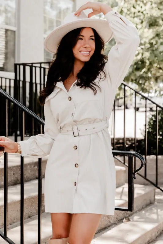 No Expectations Cream Corded Long Sleeve Belted Mini Dress FINAL SALE sold by Pink Lily