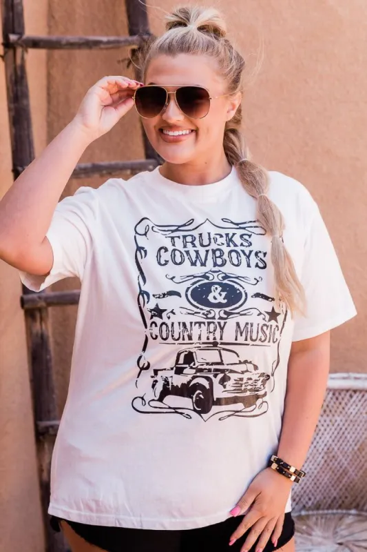 Trucks Cowboys and Country Music White Oversized Graphic Tee sold by Pink Lily