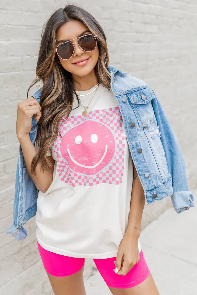 Pink And Teal Checkered Smiley Ivory Graphic Tee sold by Pink Lily