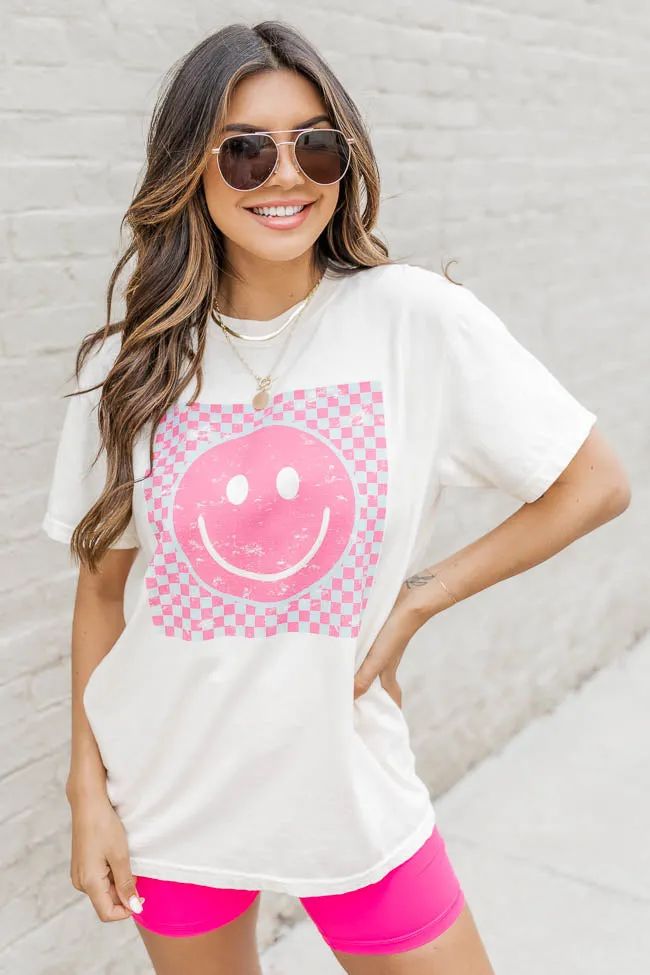 Pink And Teal Checkered Smiley Ivory Graphic Tee sold by Pink Lily product image thumbnail 3