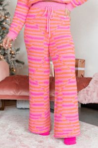 Movies and Chill Pink Orange Print Fuzzy Lounge Pants FINAL SALE sold by Pink Lily