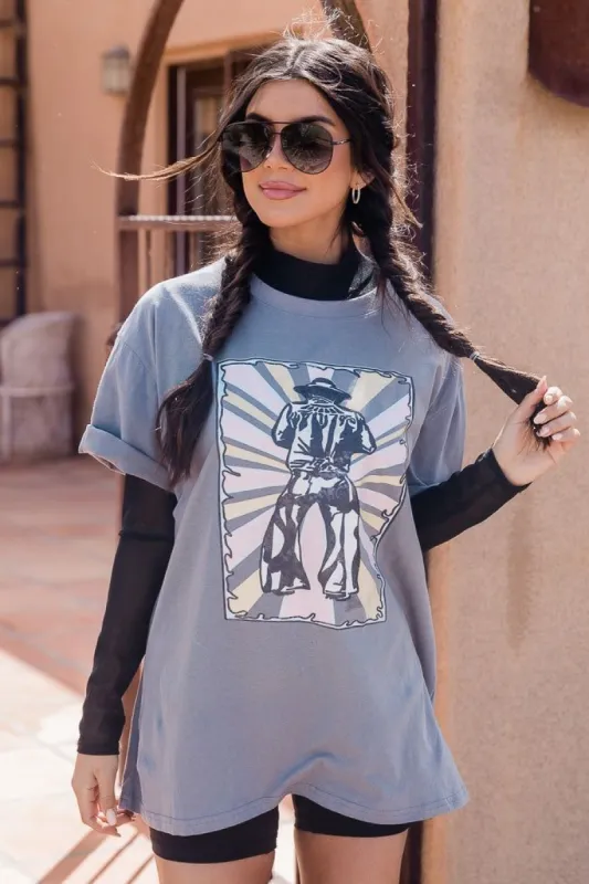 Retro Cowboy Grey Oversized Graphic Tee SALE sold by Pink Lily