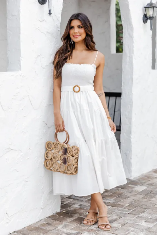 Hard To Please Smocked White Belted Midi Dress FINAL SALE sold by Pink Lily