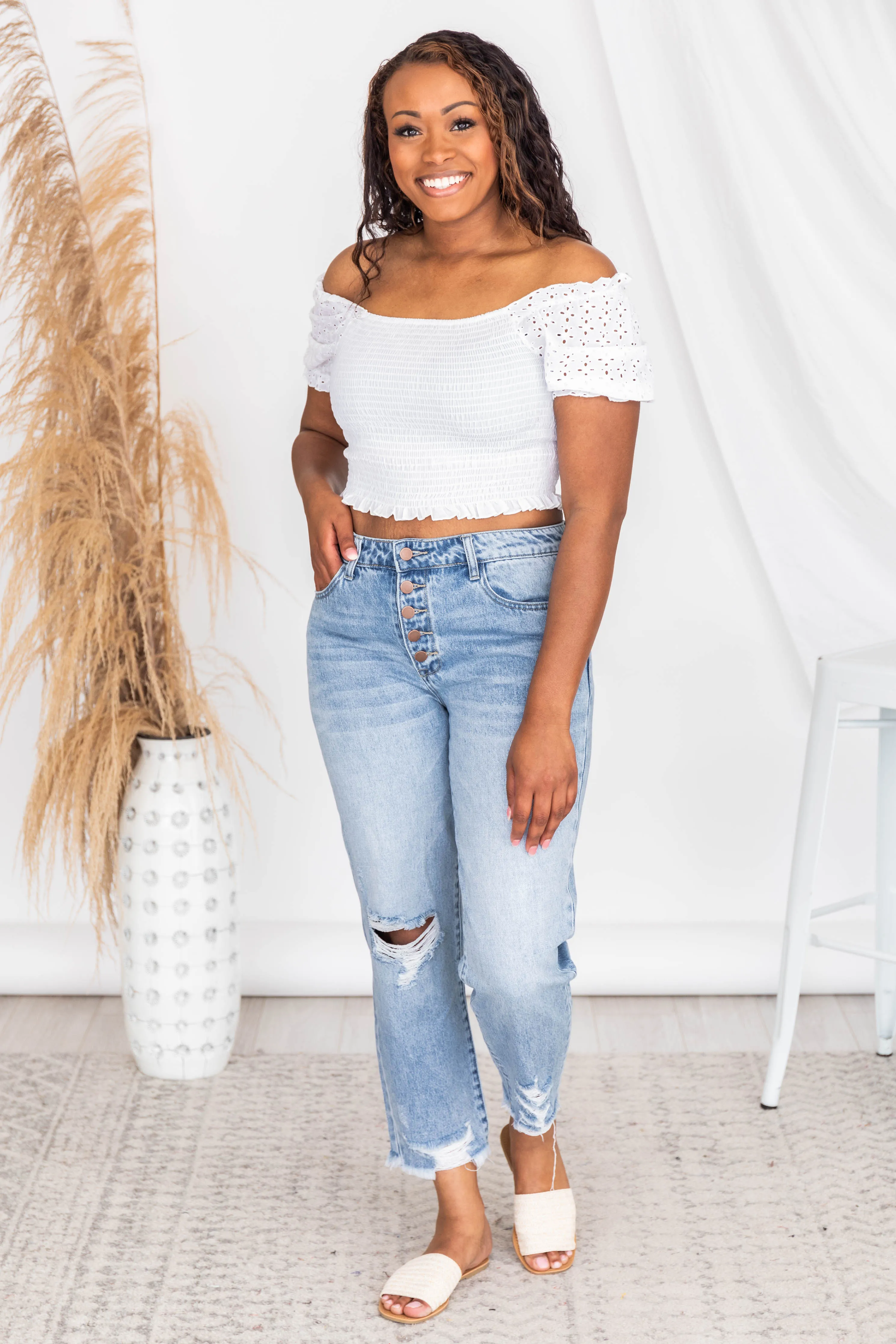 Passport To Paris White Smocked Eyelet Blouse FINAL SALE sold by Pink Lily product image thumbnail 5