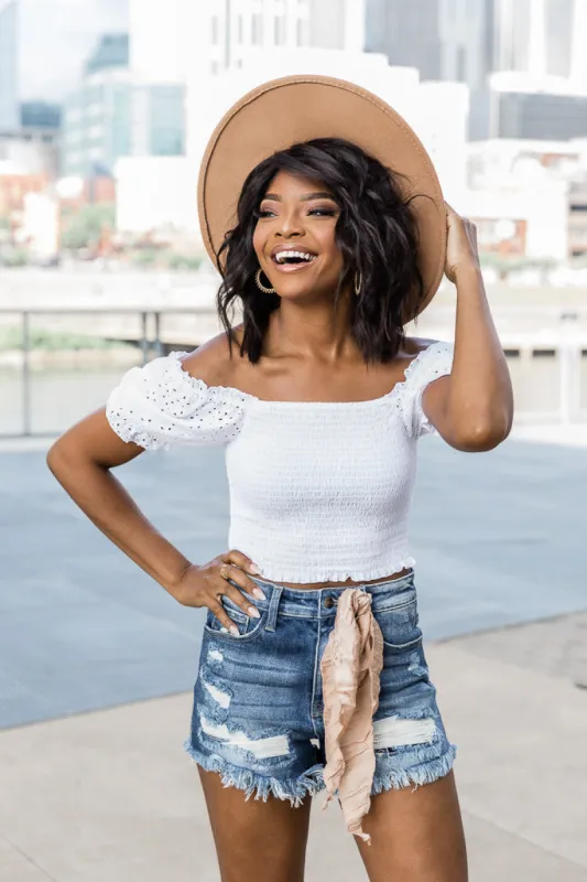 Passport To Paris White Smocked Eyelet Blouse FINAL SALE sold by Pink Lily