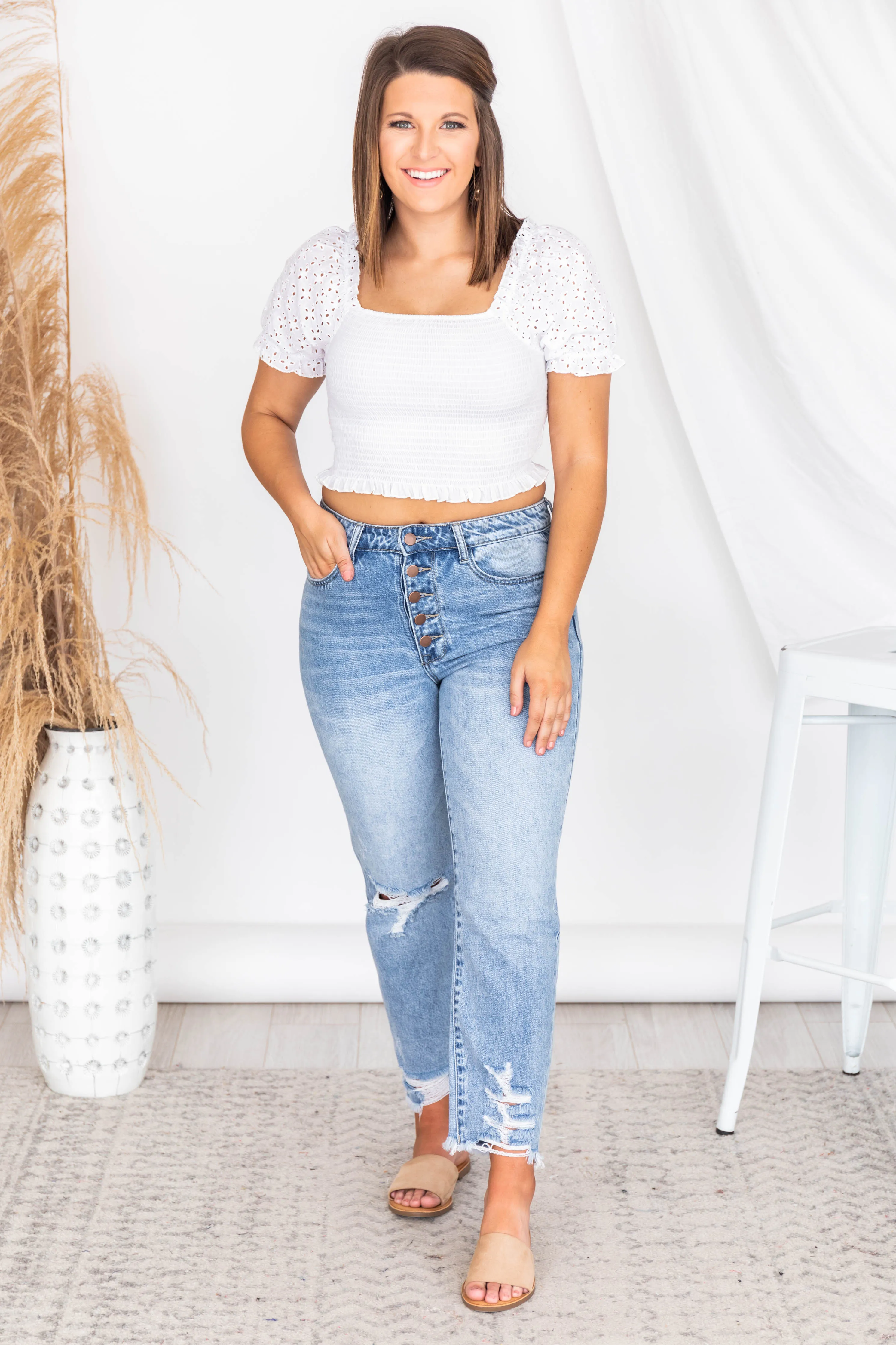 Passport To Paris White Smocked Eyelet Blouse FINAL SALE sold by Pink Lily product image thumbnail 4