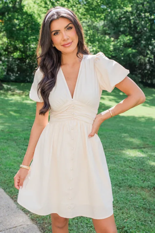 Never Bothered Taupe Button Detail Mini Dress SALE sold by Pink Lily