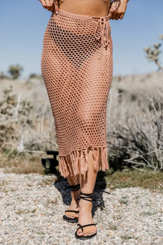 Young Wild And Free Copper Crochet Midi Skirt With Fringe Hem FINAL SALE sold by Pink Lily