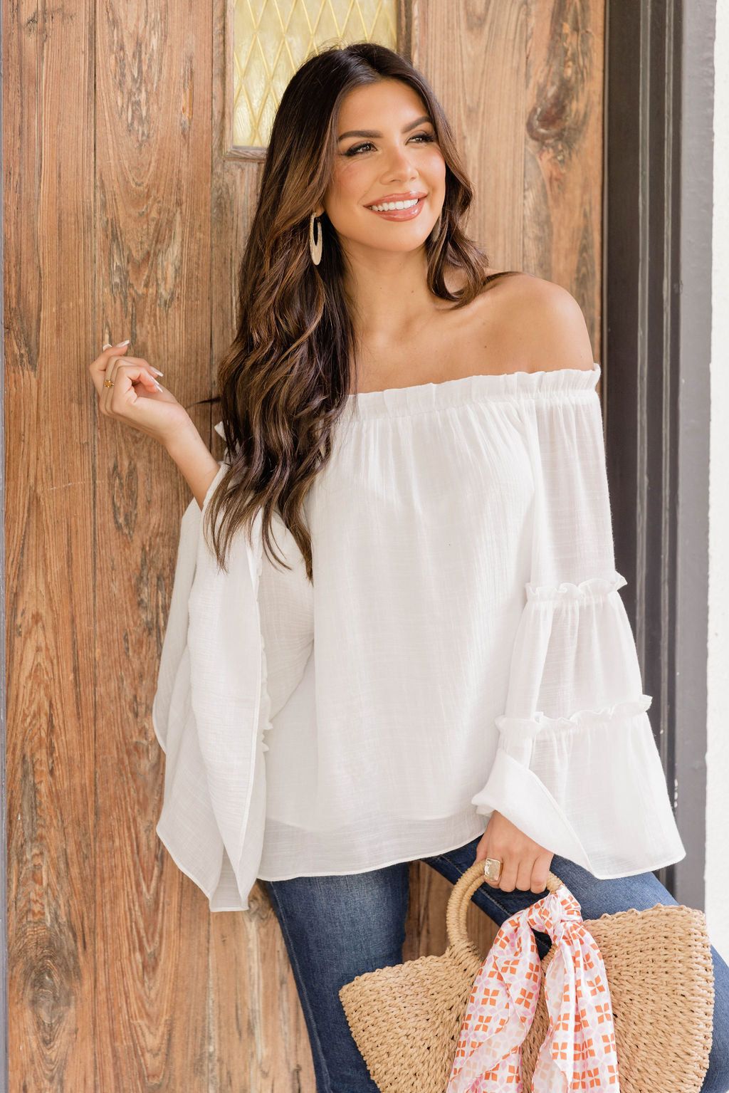 Work With It Off The Shoulder Ivory Tiered Sleeve Blouse FINAL SALE sold by Pink Lily