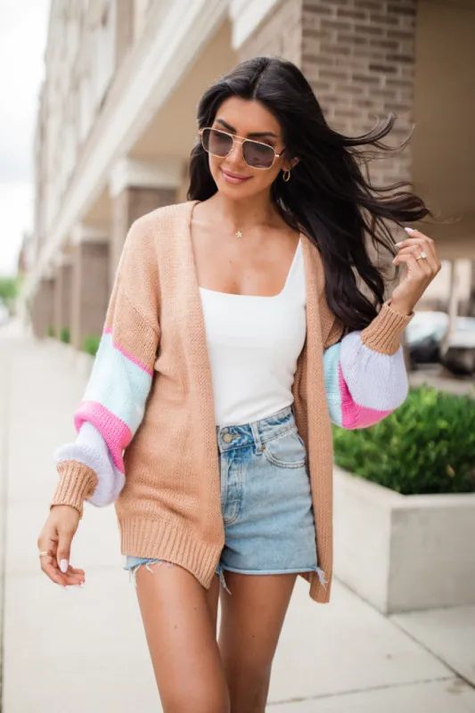 Let's Stay Longer Brown Multi Color Block Sleeve Cardigan DOORBUSTER made by Pink Lily