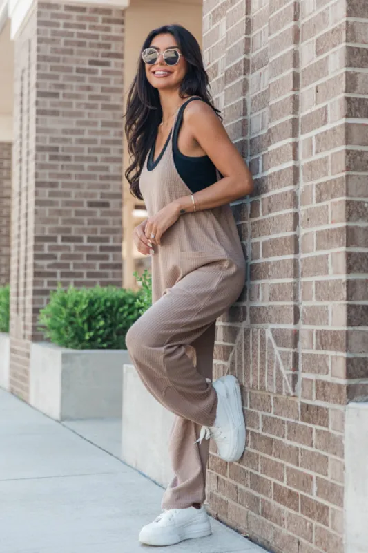 Day In The Life Taupe Waffle Knit Jumpsuit sold by Pink Lily