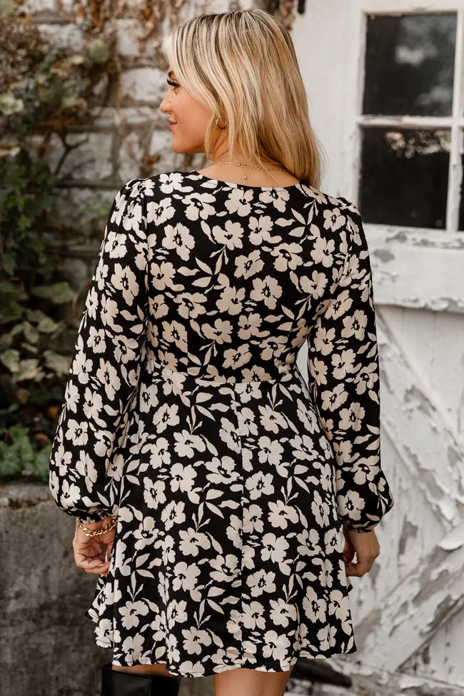 Look Forward To Fun Black Floral Satin Tie Front Long Sleeve Mini Dress FINAL SALE sold by Pink Lily product image thumbnail 4