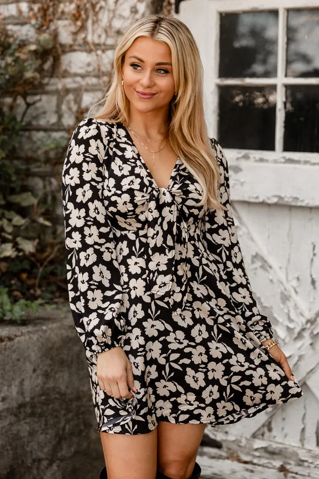 Look Forward To Fun Black Floral Satin Tie Front Long Sleeve Mini Dress FINAL SALE sold by Pink Lily product image thumbnail 2