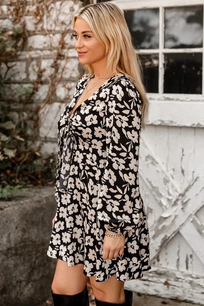 Look Forward To Fun Black Floral Satin Tie Front Long Sleeve Mini Dress FINAL SALE sold by Pink Lily product image thumbnail 3