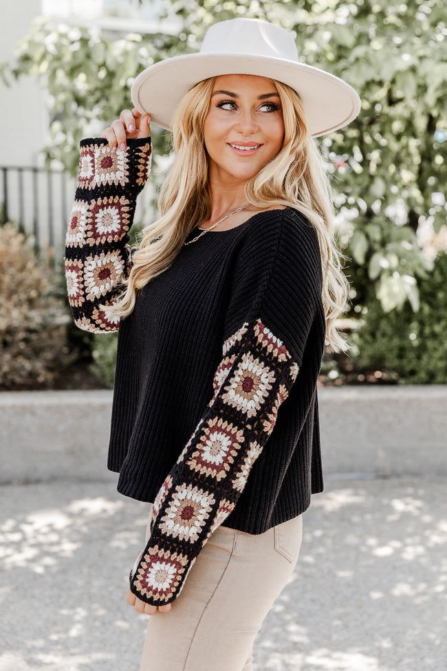In The Quiet Moments Black Multi Crochet Sleeve Sweater sold by Pink Lily product image thumbnail 3