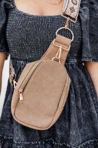All The Feels Tan Suede Sling Bag With Printed Removable Strap sold by Pink Lily