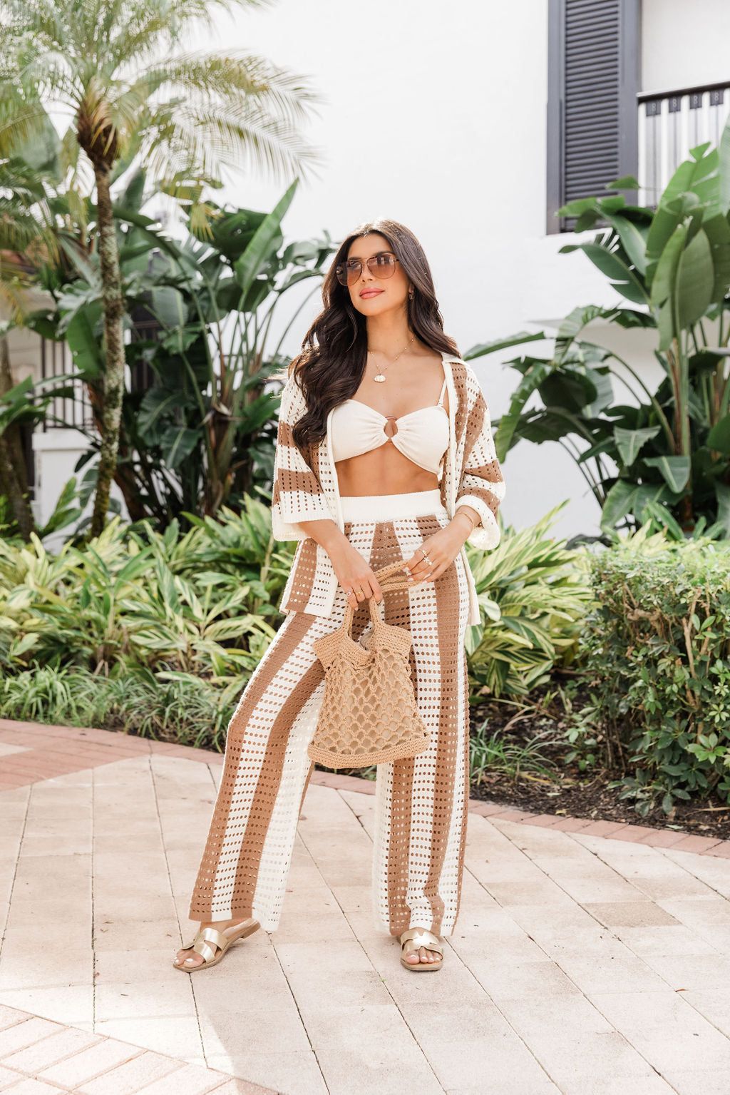 In Your Thoughts Brown and Ivory Striped Open Knit Cover Up Pants SALE sold by Pink Lily product image thumbnail 2