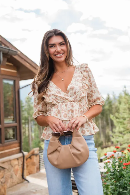It's A Deal Tan Ruffle Detail Floral Blouse FINAL SALE sold by Pink Lily