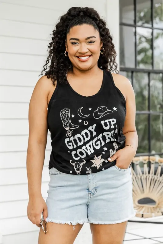 Giddy Up Cowgirl Black Jersey Graphic Tank sold by Pink Lily