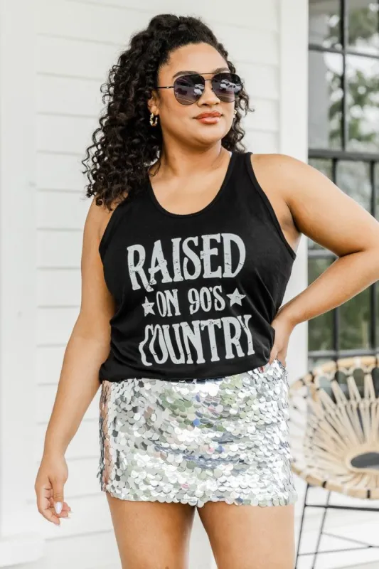 Raised on 90s Country Black Jersey Graphic Tank sold by Pink Lily