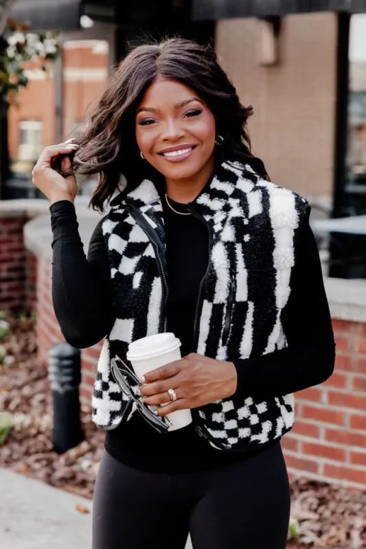Breaking Hearts Black And White Checkered Sherpa Vest FINAL SALE sold by Pink Lily
