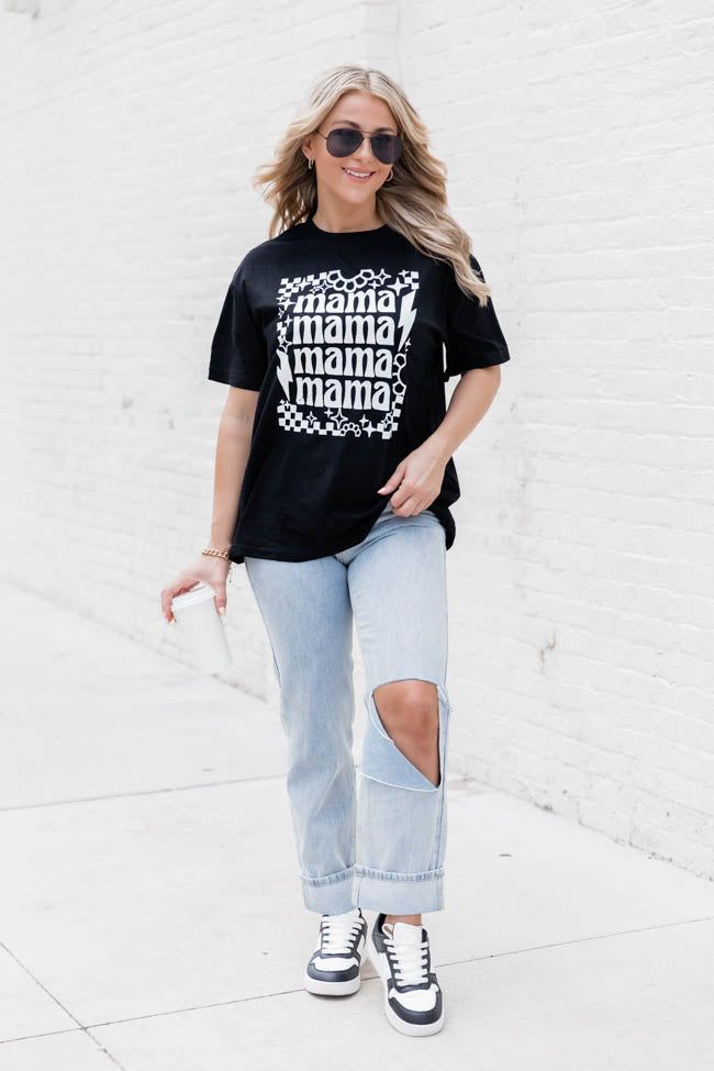 Mama Checkered Lightning Bolt Black Oversized Graphic Tee SALE sold by Pink Lily