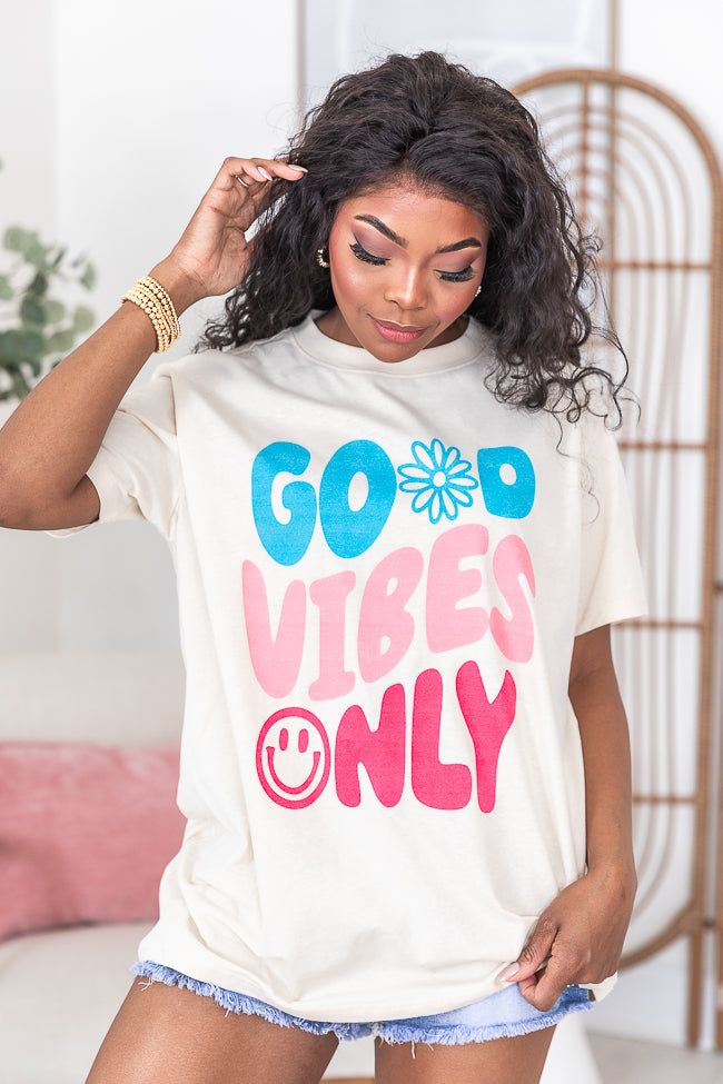 Good Vibes Only Ivory Oversized Graphic Tee sold by Pink Lily product image thumbnail 5