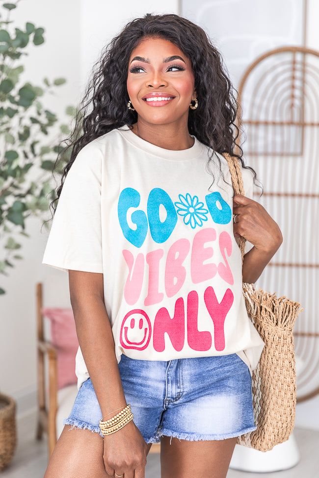 Good Vibes Only Ivory Oversized Graphic Tee sold by Pink Lily
