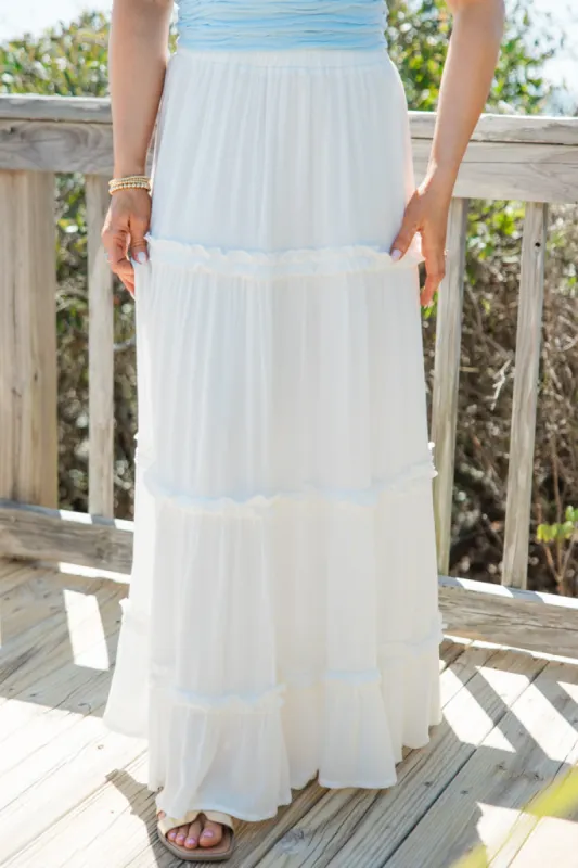 Stick It Out Ivory Ruffle Seam Maxi Skirt sold by Pink Lily