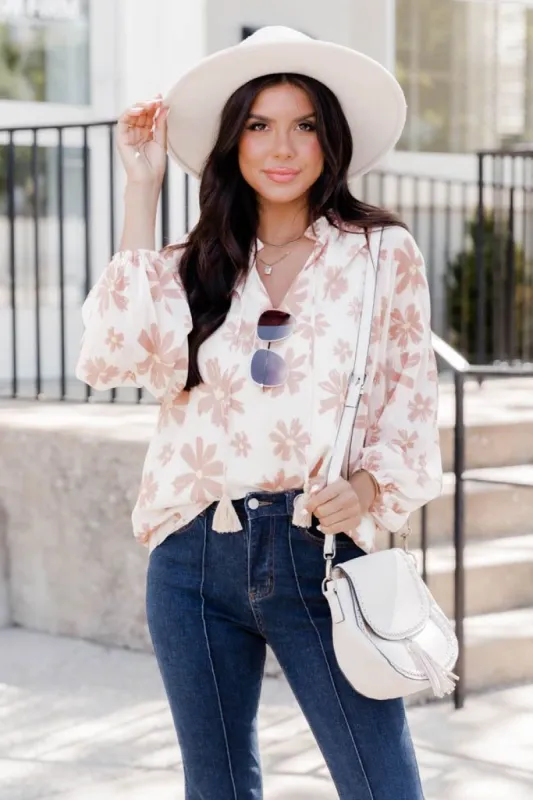 No Promises Beige Balloon Sleeve Floral Blouse made by Pink Lily