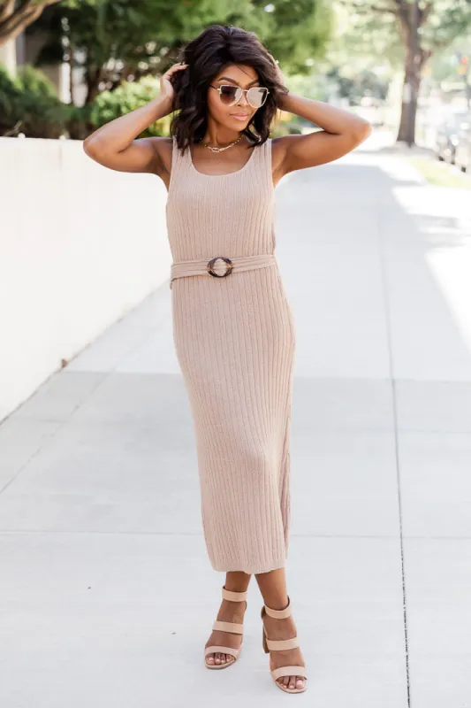 Wonder About Me Tan Belted Midi Dress FINAL SALE sold by Pink Lily