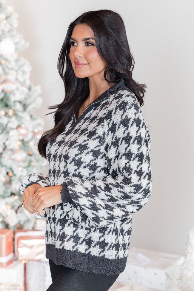 All Cozied Up Fuzzy Black and Ivory Houndstooth Quarter Zip Pullover sold by Pink Lily product image thumbnail 4