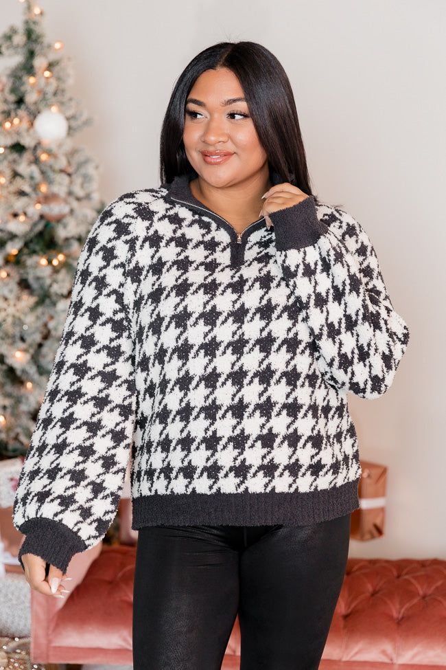 All Cozied Up Fuzzy Black and Ivory Houndstooth Quarter Zip Pullover sold by Pink Lily product image thumbnail 8