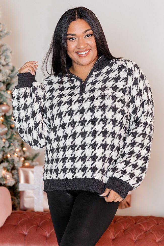 All Cozied Up Fuzzy Black and Ivory Houndstooth Quarter Zip Pullover sold by Pink Lily product image thumbnail 6