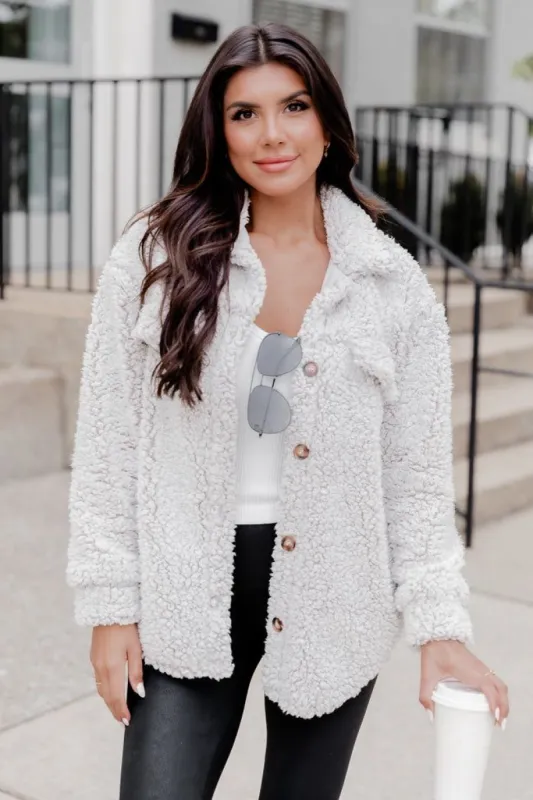 A Warm Embrace Grey Sherpa Shacket FINAL SALE sold by Pink Lily