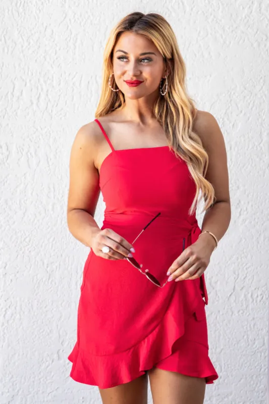You Wrap Me Up Red Wrap Mini Dress FINAL SALE sold by Pink Lily
