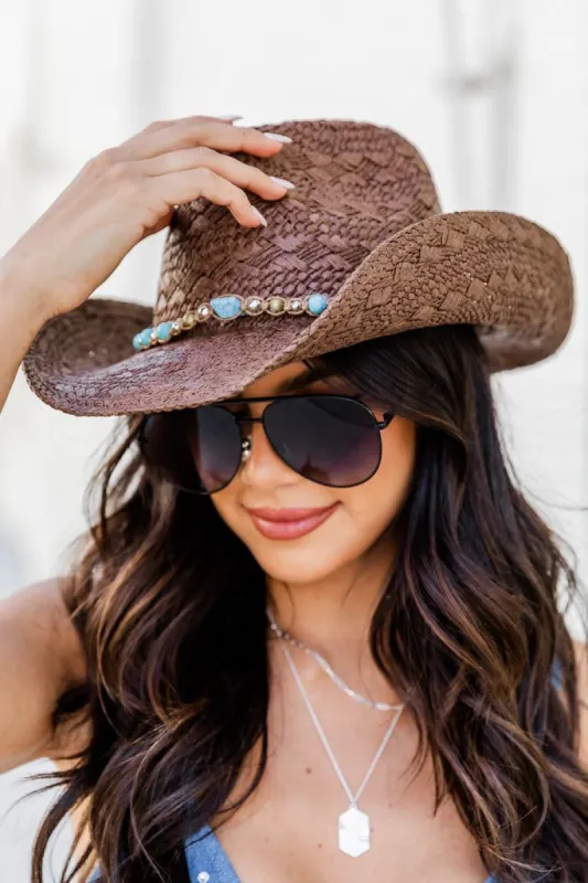On The Trail Brown Cowboy Hat With Turquoise Trim Detail sold by Pink Lily