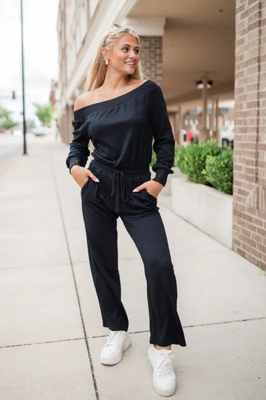Memory Lane Black Off The Shoulder Knit Jumpsuit FINAL SALE sold by Pink Lily