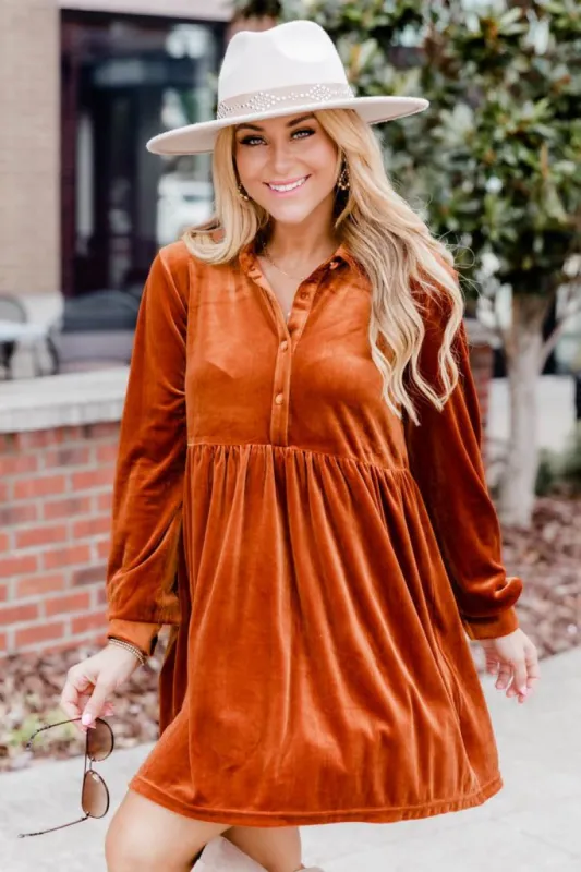 Everything's New Rust Velvet Collared Mini Dress FINAL SALE sold by Pink Lily