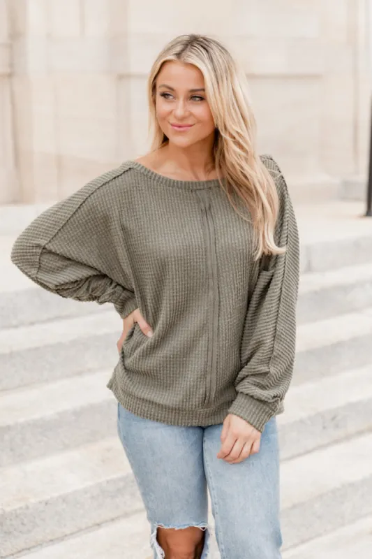 There's Something About You Olive Boat Neck Waffle Pullover FINAL SALE made by Pink Lily