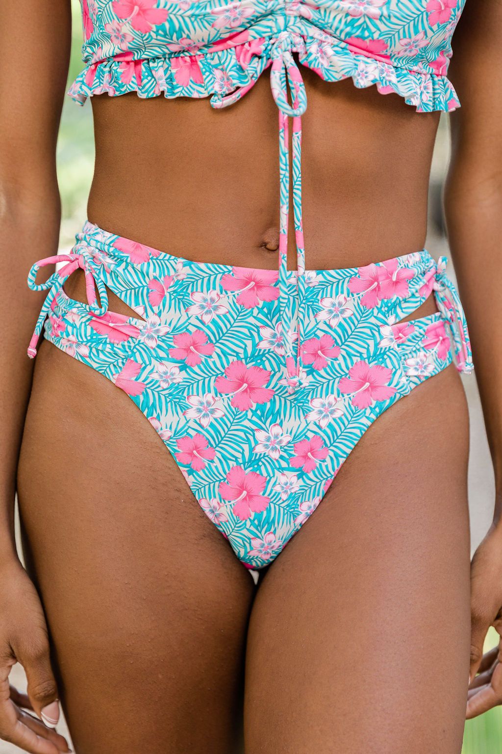 Cruise The Beach Pink Tropical Cutout Side Cheeky Bikini Bottoms FINAL SALE sold by Pink Lily
