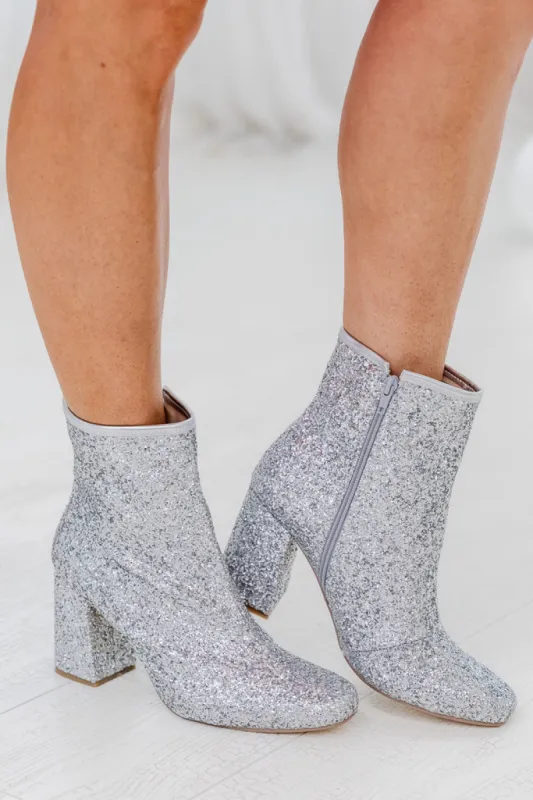 Allison Silver Glitter Chunky Heel Booties FINAL SALE sold by Pink Lily