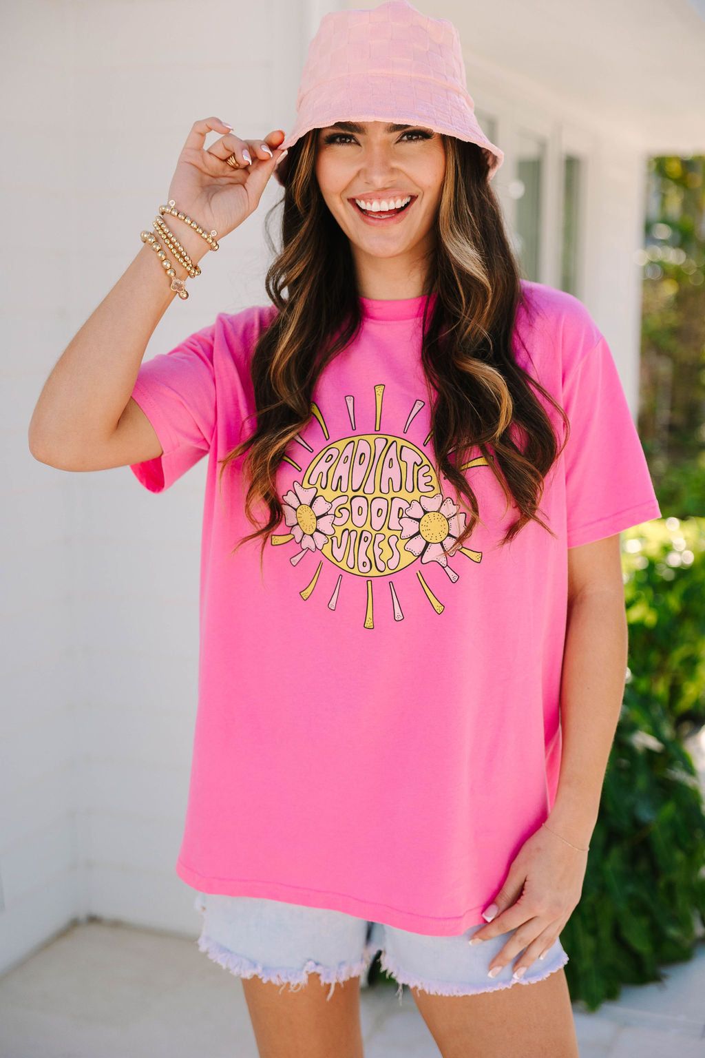 Radiate Good Vibes Hot Pink Oversized Graphic tee sold by Pink Lily product image thumbnail 3